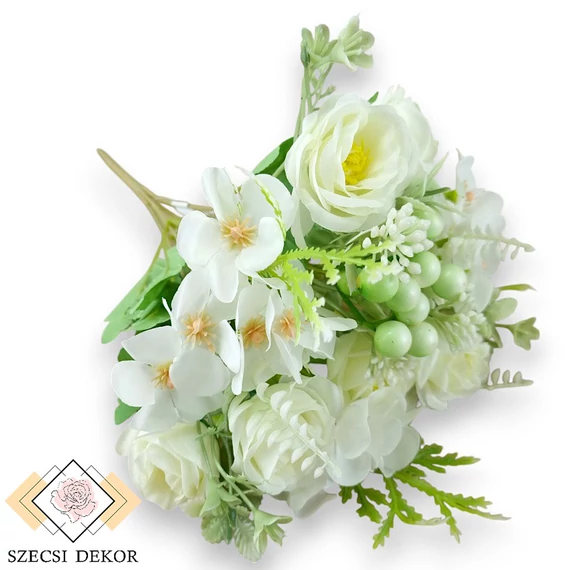 Mű molyhos rózsa-hunyor csokor 7 szál selyem 32 cm - törtfehér ferde