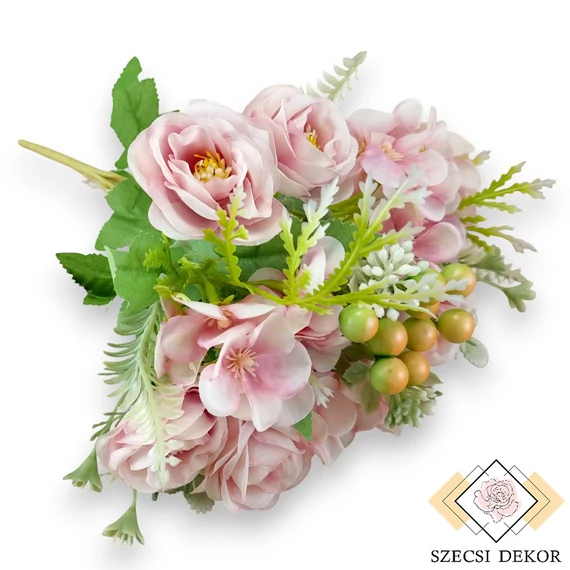 Mű molyhos rózsa-hunyor csokor 7 szál selyem 32 cm - pink cirmos ferde