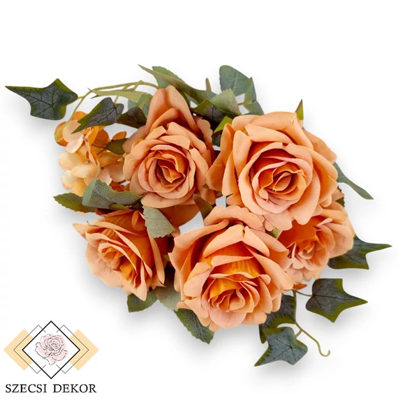 Mű bonica rózsa csokor 5 szál selyem 32 cm - narancs szemből
