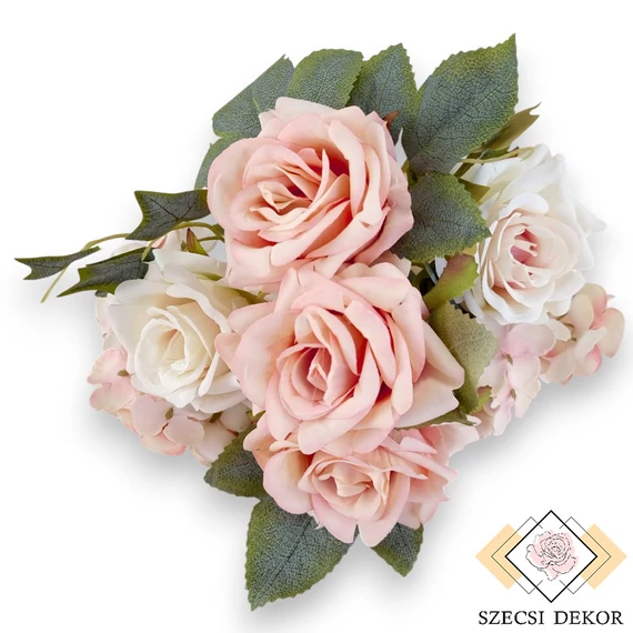 Mű bonica rózsa csokor 5 szál selyem 32 cm - pompadúr-krémfehér szemből