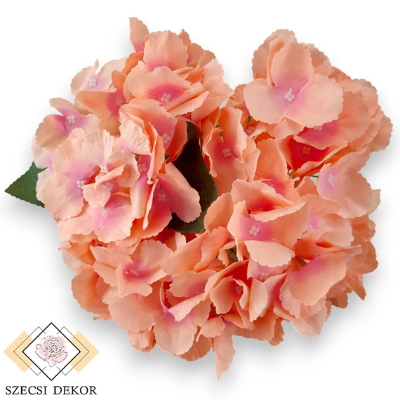 Mű hortenzia csokor nagy 5 szál selyem 46 cm - korall szemből