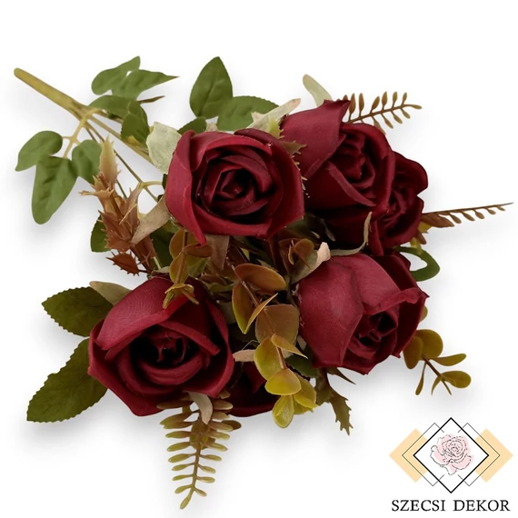 Mű floribunda rózsa csokor 7 szál selyem 44 cm - bordó ferde