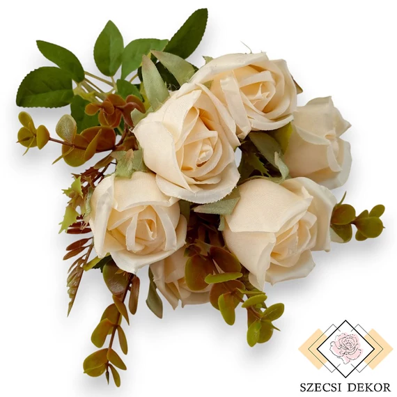Mű floribunda rózsa csokor 7 szál selyem 44 cm - halvány barack ferde