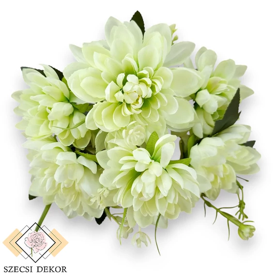 Mű dahlia cameo csokor 7 szál selyem 37 cm - halványzöld szemből
