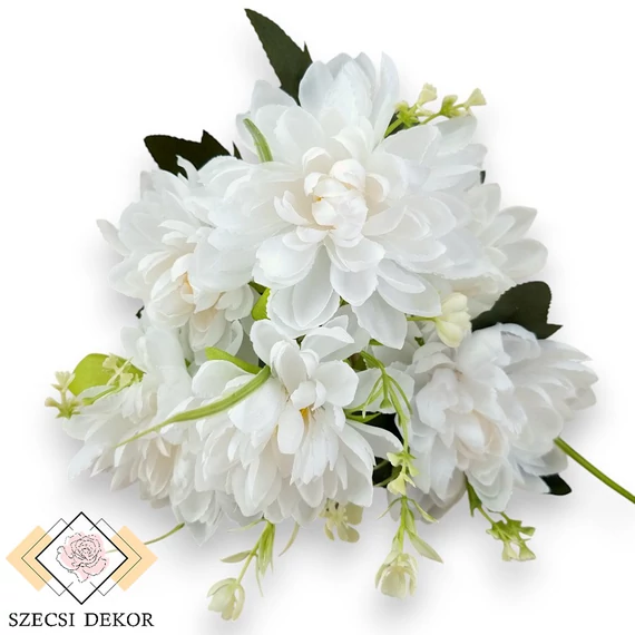 Mű dahlia cameo csokor 7 szál selyem 37 cm - fehér szemből