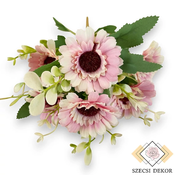 Mű gerbera csokor közepes 7 szál selyem 34 cm - rózsaszín cirmos szemből