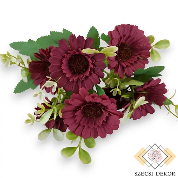 Mű gerbera csokor közepes 7 szál selyem 34 cm - bordó szemből