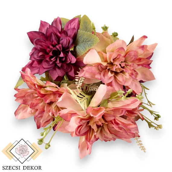 Mű tűdália csokor 7 szál selyem 42 cm - kosenilvörös szemből