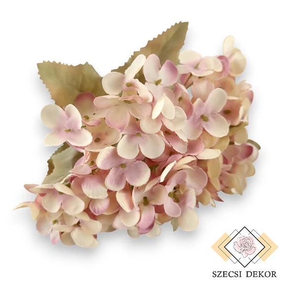 Mű hortenzia csokor pasztell selyem 5 szál 28 cm - mályva cirmos szemből