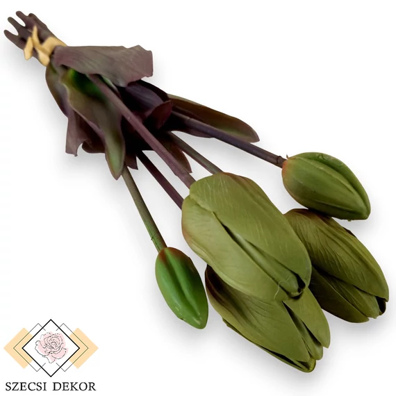Mű tulipán köteg antik 5 szál gumi 42 cm - sötétzöld szemből