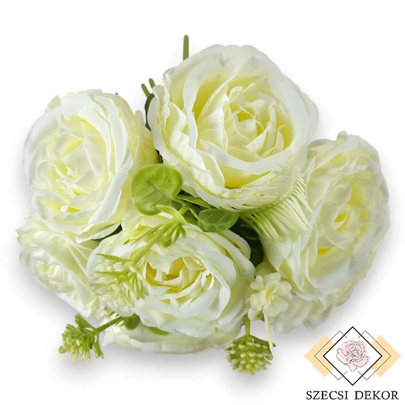 Mű teltvirágú rózsa köteg 9 szál selyem 33 cm - törtfehér szemből