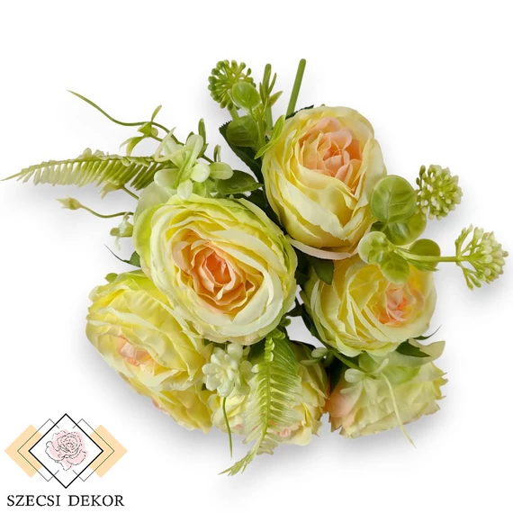 Mű teltvirágú rózsa köteg 9 szál selyem 33 cm - halványsárga szemből