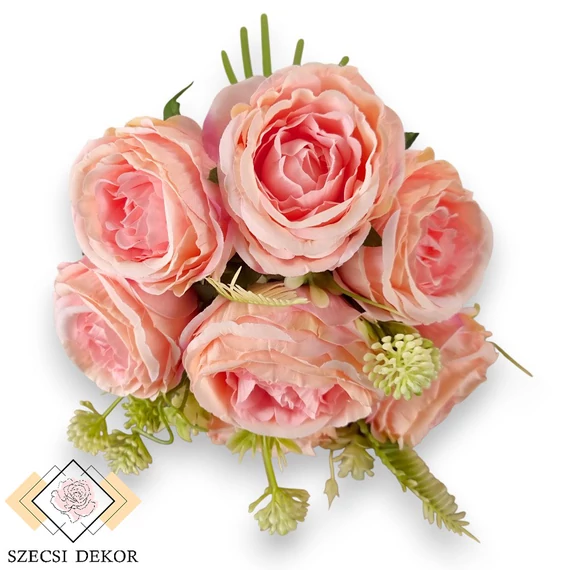 Mű teltvirágú rózsa köteg 9 szál selyem 33 cm - pompadúr-rózsaszín szemből