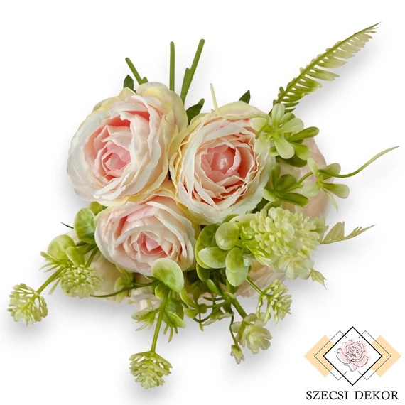 Mű teltvirágú rózsa köteg 9 szál selyem 33 cm - púder szemből