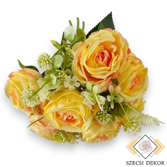 Mű teltvirágú rózsa köteg 9 szál selyem 33 cm - sárga szemből