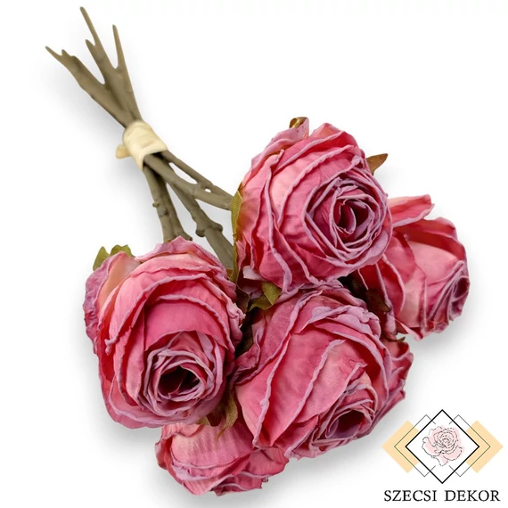 Mű szárított rózsa köteg közepes selyem 6 szál 31 cm - pink szemből