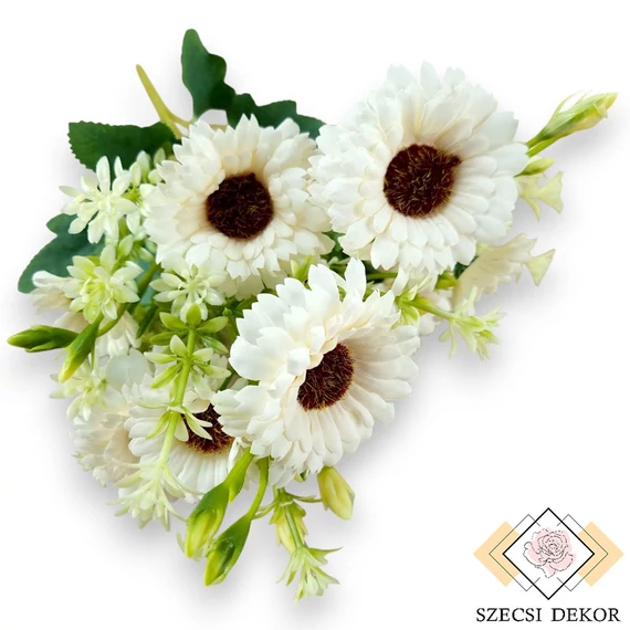 Mű törpe gerbera csokor 5 szál selyem 36 cm - krémfehér szemből