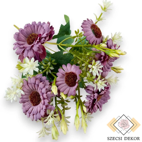 Mű törpe gerbera csokor 5 szál selyem 36 cm - lila szemből
