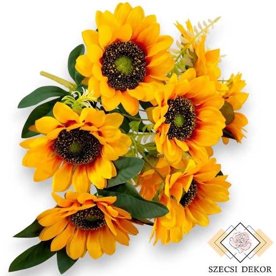 Mű napraforgó bokor 9 szál selyem 40 cm - narancs ferde