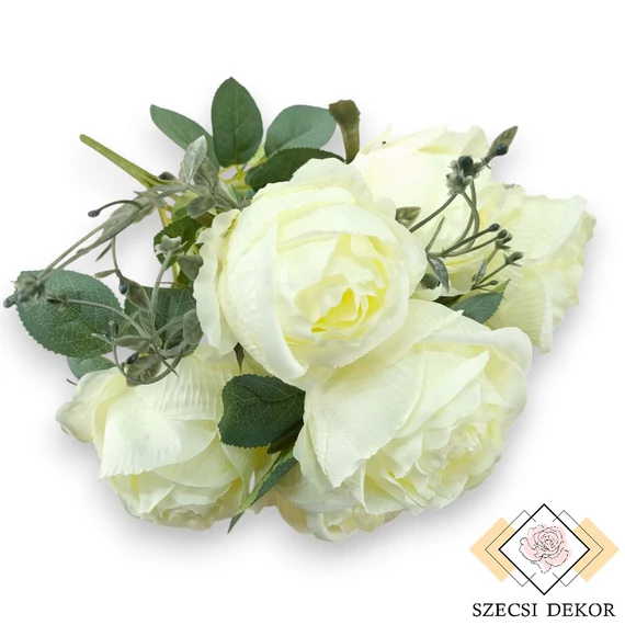 Mű kínai rózsa bokor 7 szál selyem 39 cm - törtfehér ferde