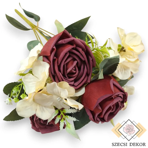 Mű törzses rózsa vegyes csokor 7 szál selyem 44 cm - vörös ferde