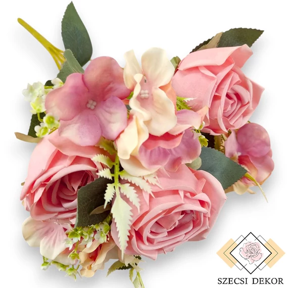 Mű törzses rózsa vegyes csokor 7 szál selyem 44 cm - rózsaszín ferde