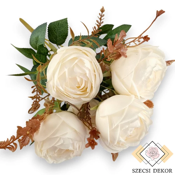 Mű ázsiai boglárka csokor 7 szál selyem 42 cm - krémfehér szemből