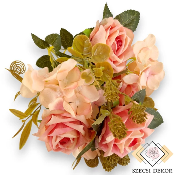 Mű tearózsa vegyes bokor 9 szál selyem 42 cm - rózsaszín cirmos ferde