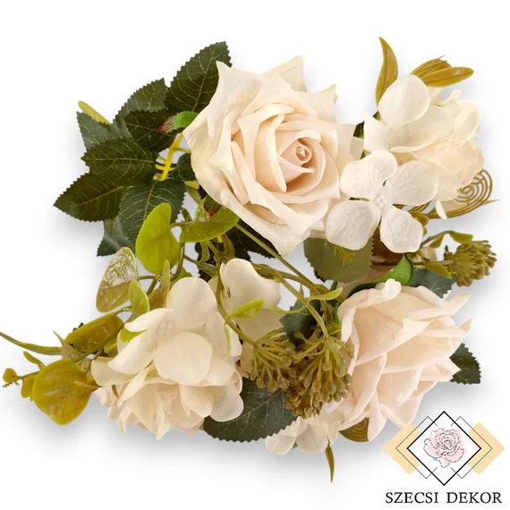 Mű tearózsa vegyes bokor 9 szál selyem 42 cm - bézs ferde