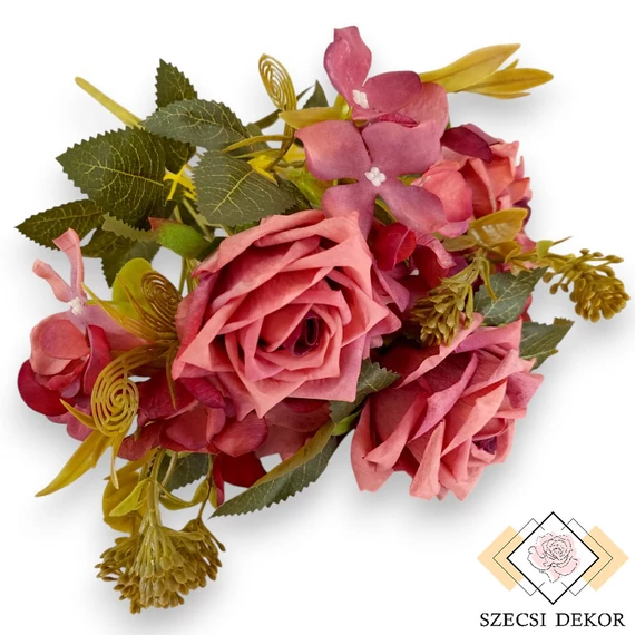 Mű tearózsa vegyes bokor 9 szál selyem 42 cm - korallpiros ferde