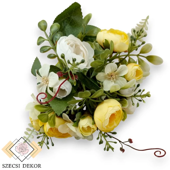 Mű ranunculus vegyes csokor 5 szál selyem 33 cm - sárga-fehér szemből