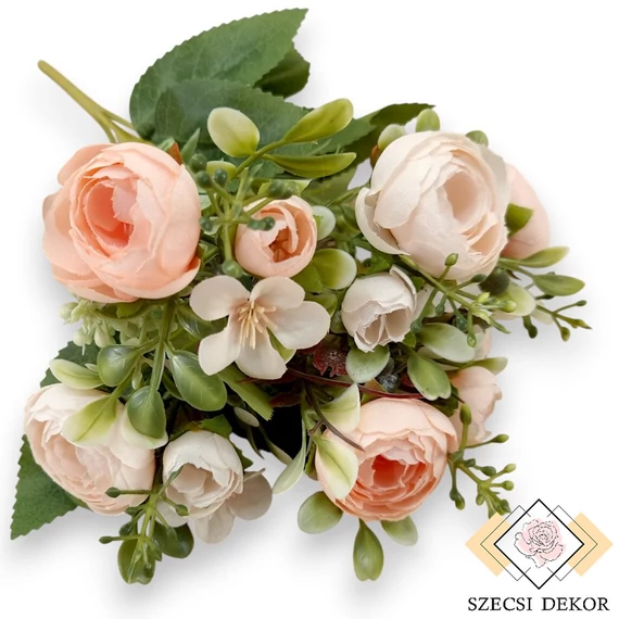 Mű ranunculus vegyes csokor 5 szál selyem 33 cm - pompadúr-púder szemből