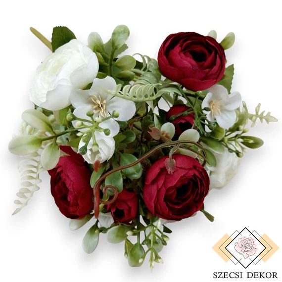 Mű ranunculus vegyes csokor 5 szál selyem 33 cm - vörös-fehér szemből