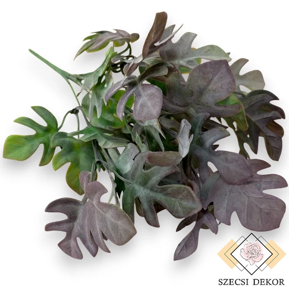 Mű zöld monstera minima csokor 5 szál 33 cm - bíbor szemből