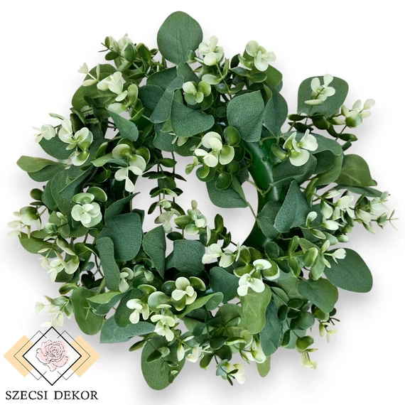 Mű eukaliptusz vegyes koszorú 33 cm - zöld-fehér szemből