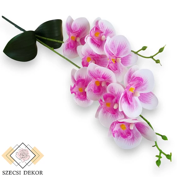 Mű orchidea levéllel gumis 2 ág 47 cm - erikaviola szemből