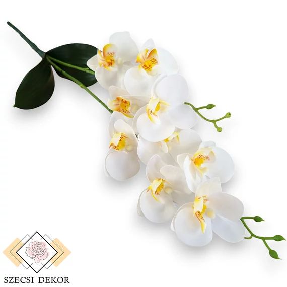 Mű orchidea levéllel gumis 2 ág 47 cm - fehér szemből