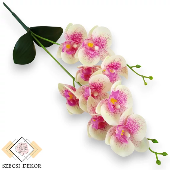 Mű orchidea levéllel gumis 2 ág 47 cm - törtfehér-pink szemből