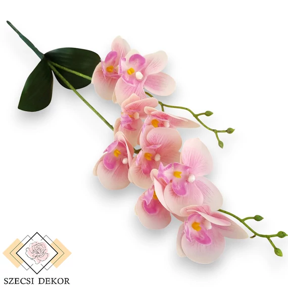 Mű orchidea levéllel gumis 2 ág 47 cm - babarózsaszín szemből