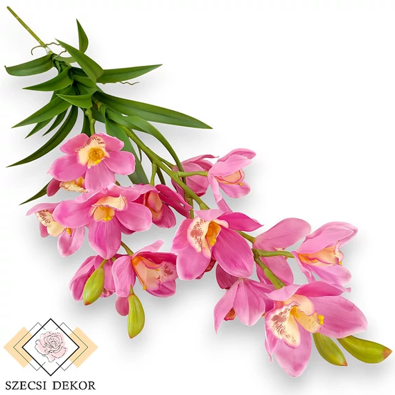 Mű cymbidium szál levelekkel selyem 110 cm - pink szemből