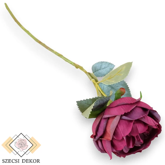 Mű százlevelű rózsa szál selyem 51 cm - kosenilvörös ferde