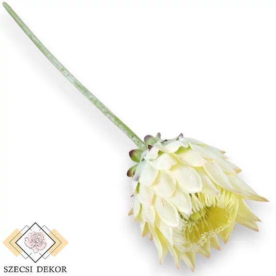 Mű protea szál flokkolt selyem 63 cm - törtfehér ferde