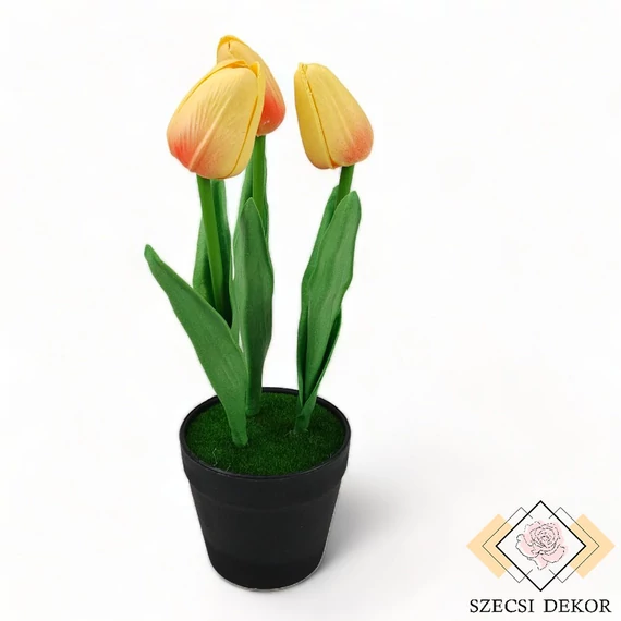 Mű mohás cserepes tulipán 3 ágas 23 cm - sárga szemből