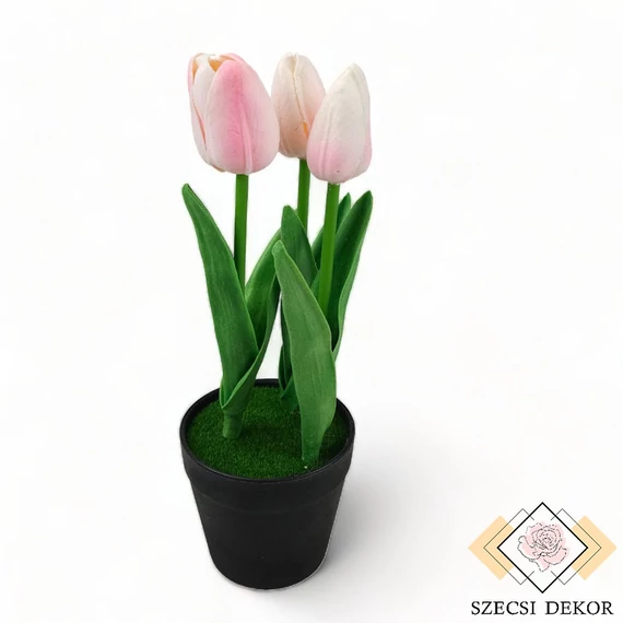 Mű mohás cserepes tulipán 3 ágas 23 cm - rózsaszín szemből