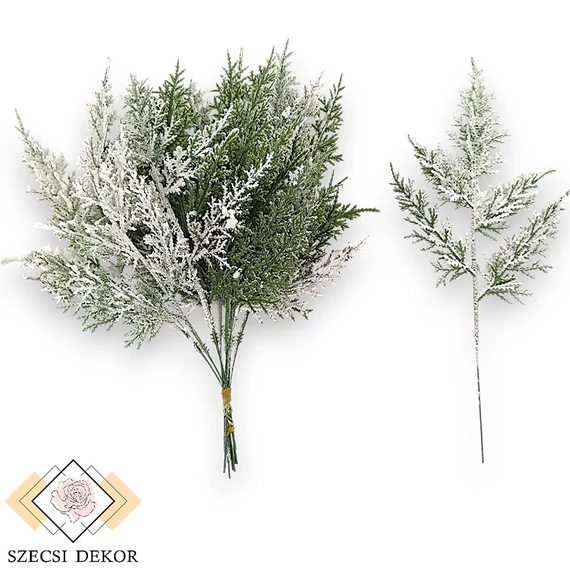 Mű zöld ciprus köteg 12 szál 33 cm - havas szemből