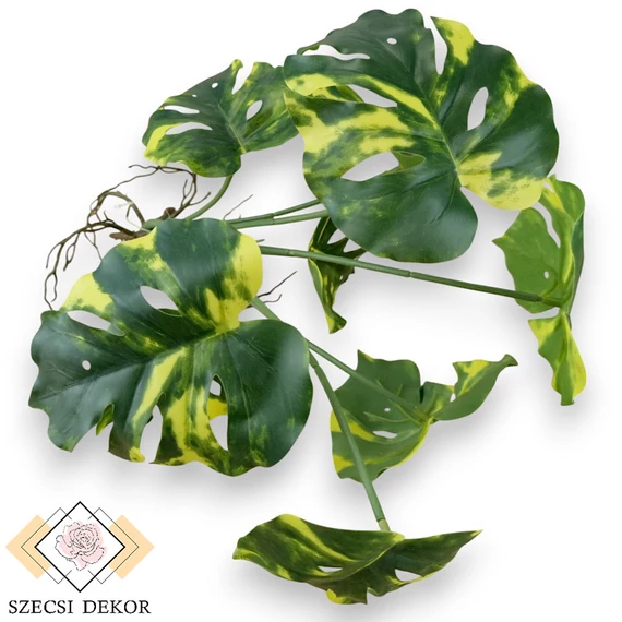 Mű betűzhető &quot;thai&quot; monstera bevonatos 9 szál 35 cm - zöld-sárga szemből