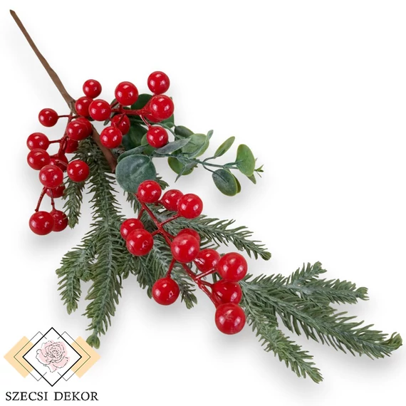 Mű koreai jegenyefenyő ág bogyókkal 50 cm - piros szemből